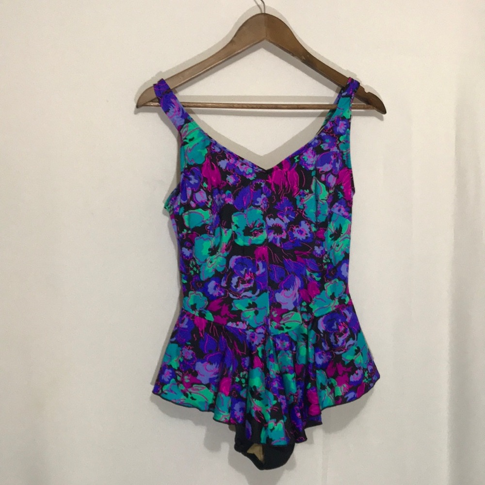 Vintage Maxine of Hollywood Floral V-Neck Size 18 Swimdress